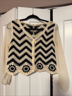 Crochet Chevron button up Cardigan/ Top with Sheer Sleeves - Black & Cream